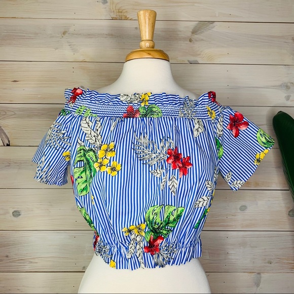 Blue & White Striped Cropped Tropical Floral Flare Top - Picture 1 of 6